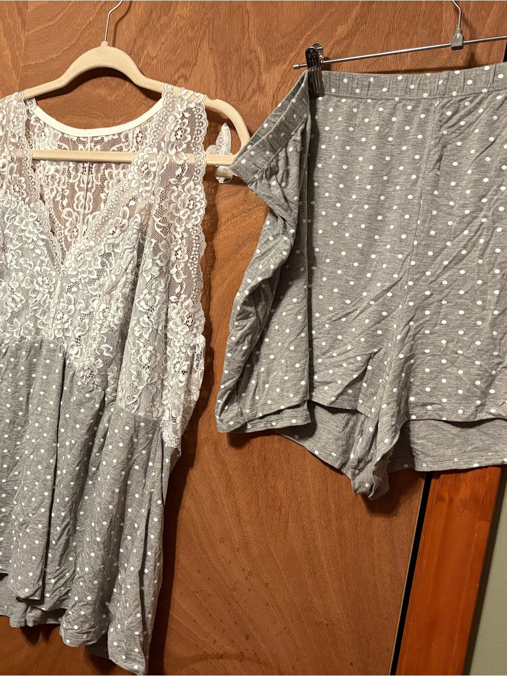 Adore Me Gray and White Lace-Trim Polka Dot Camisole Set